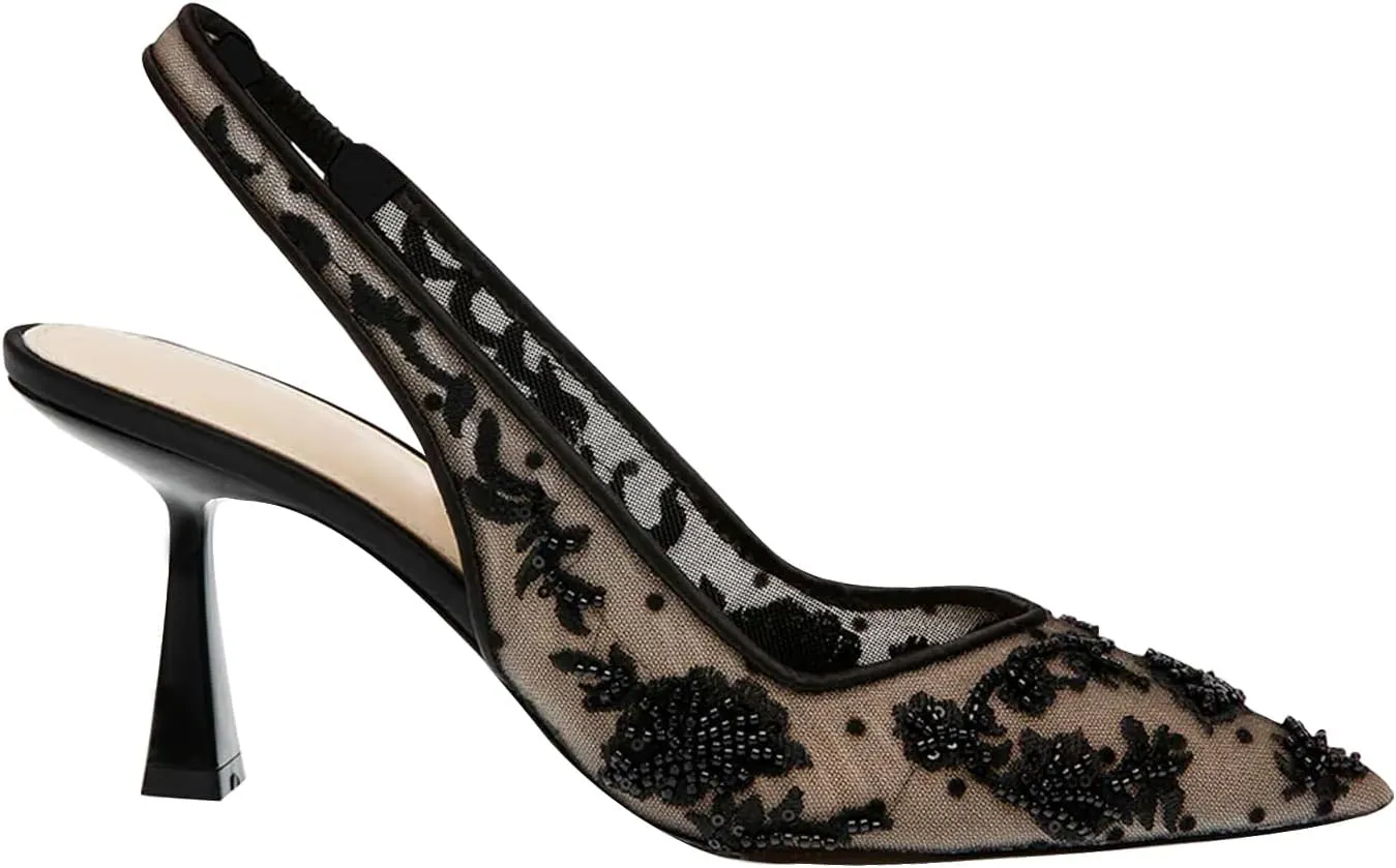 JORISTIMO Womens Slingback Kitten Heels Mesh with Beads and Sequins Embroidered Closed Pointed Toe Slip On Pumps