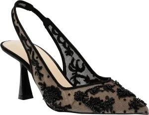 JORISTIMO Womens Slingback Kitten Heels Mesh with Beads and Sequins Embroidered Closed Pointed Toe Slip On Pumps
