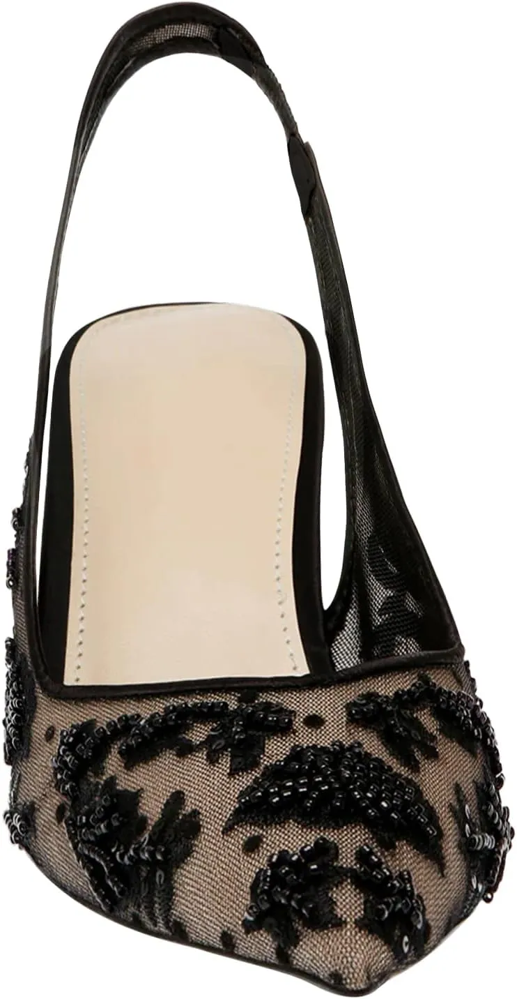 JORISTIMO Womens Slingback Kitten Heels Mesh with Beads and Sequins Embroidered Closed Pointed Toe Slip On Pumps