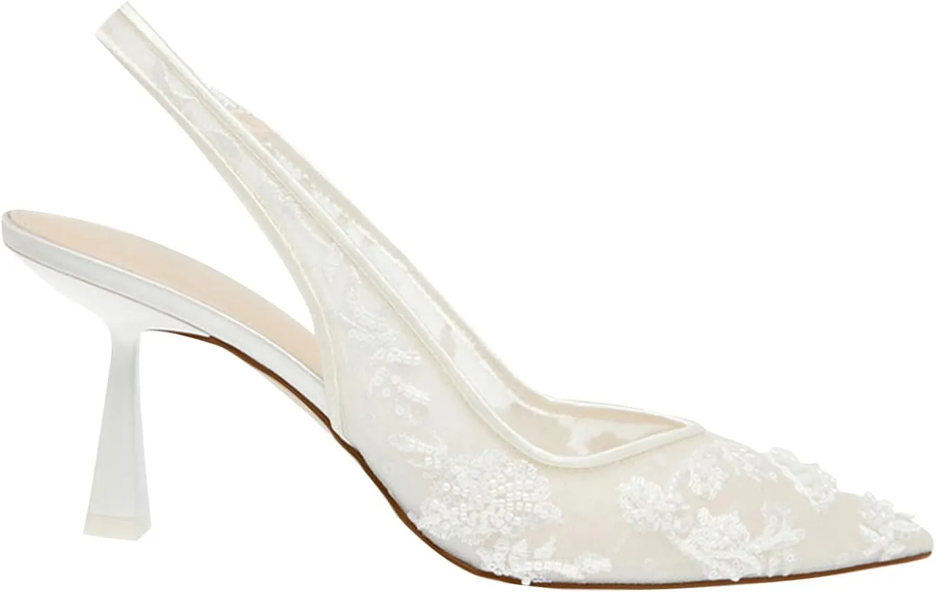 JORISTIMO Womens Slingback Kitten Heels Mesh with Beads and Sequins Embroidered Closed Pointed Toe Slip On Pumps