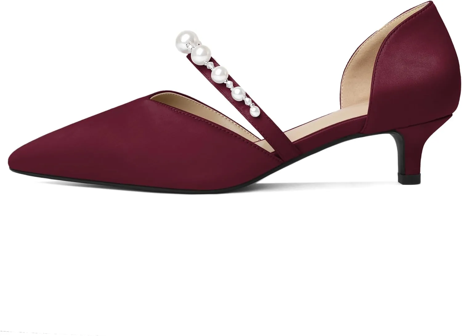 Joseywade Low Heels for Women Kitten Heels Pumps Pearl Closed Pointed Toe Slip-on 1.5 Inch Satin Wedding D'Orsay Bridal Shoes