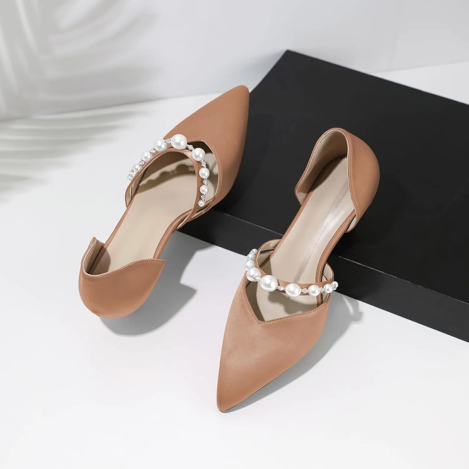 Joseywade Low Heels for Women Kitten Heels Pumps Pearl Closed Pointed Toe Slip-on 1.5 Inch Satin Wedding D'Orsay Bridal Shoes