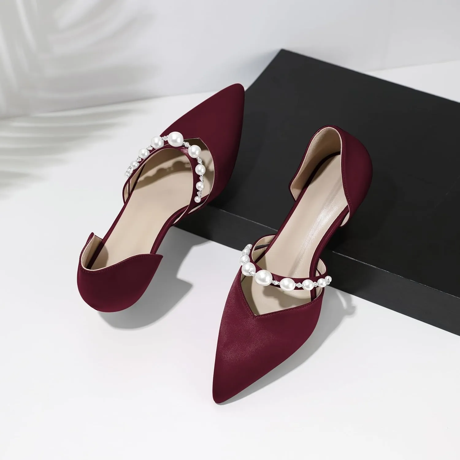 Joseywade Low Heels for Women Kitten Heels Pumps Pearl Closed Pointed Toe Slip-on 1.5 Inch Satin Wedding D'Orsay Bridal Shoes