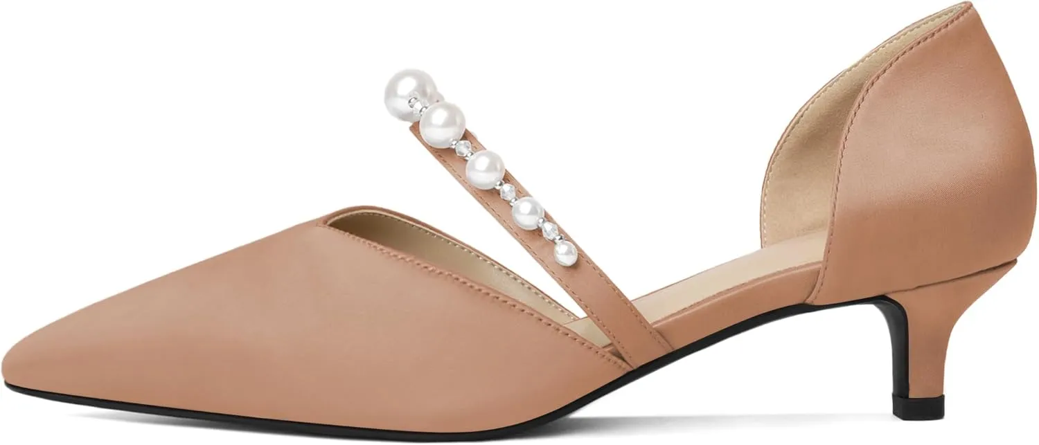 Joseywade Low Heels for Women Kitten Heels Pumps Pearl Closed Pointed Toe Slip-on 1.5 Inch Satin Wedding D'Orsay Bridal Shoes