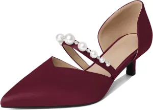 Joseywade Low Heels for Women Kitten Heels Pumps Pearl Closed Pointed Toe Slip-on 1.5 Inch Satin Wedding D'Orsay Bridal Shoes