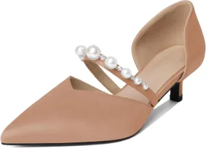 Joseywade Low Heels for Women Kitten Heels Pumps Pearl Closed Pointed Toe Slip-on 1.5 Inch Satin Wedding D'Orsay Bridal Shoes