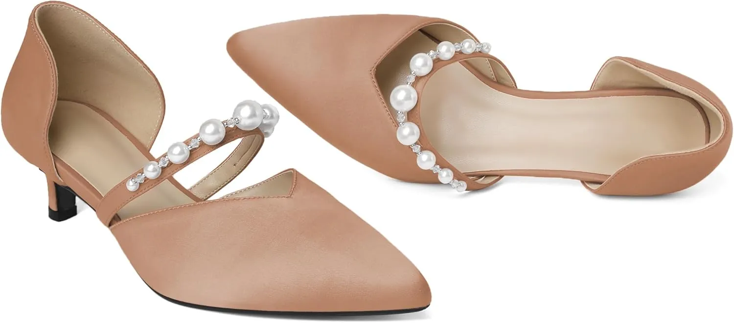 Joseywade Low Heels for Women Kitten Heels Pumps Pearl Closed Pointed Toe Slip-on 1.5 Inch Satin Wedding D'Orsay Bridal Shoes