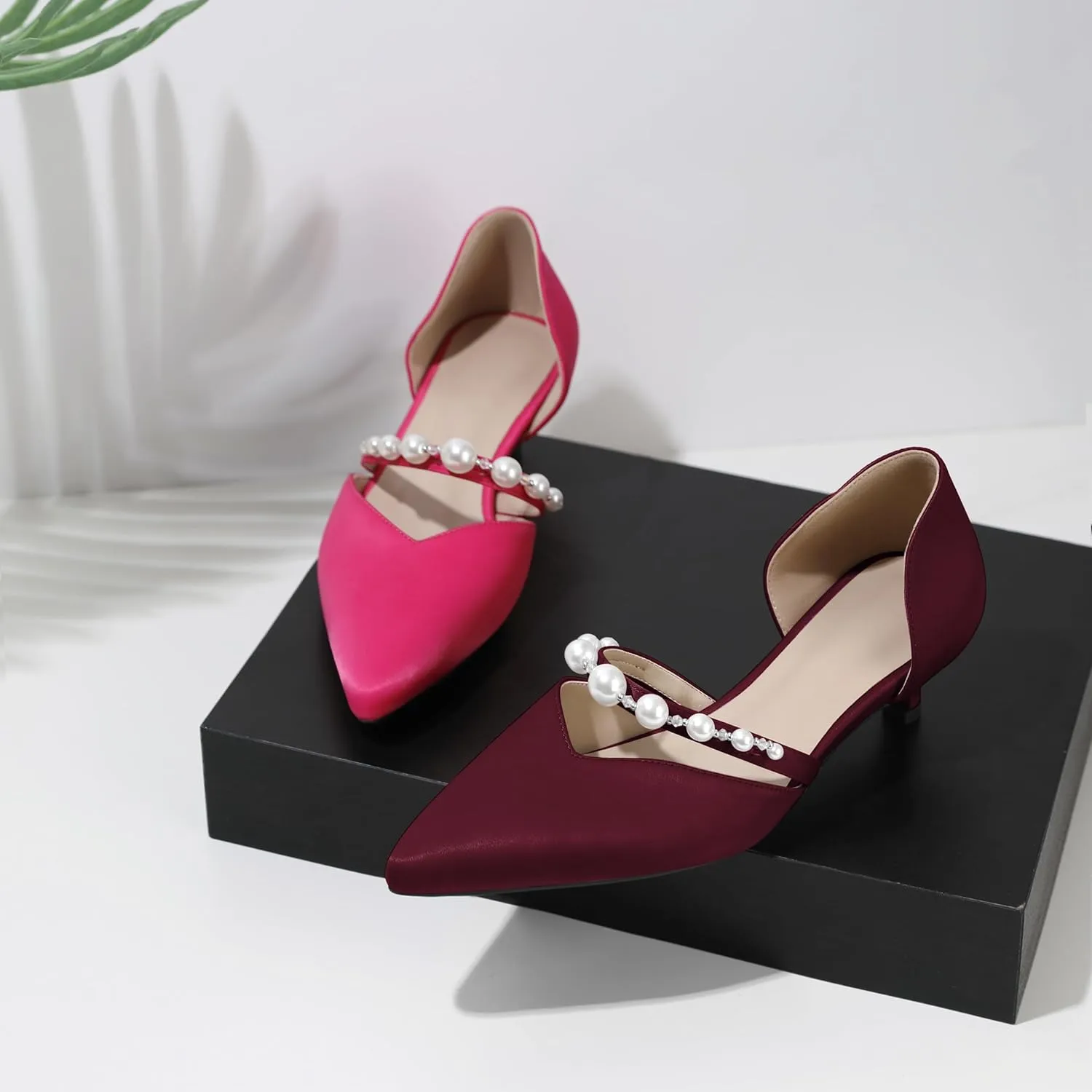 Joseywade Low Heels for Women Kitten Heels Pumps Pearl Closed Pointed Toe Slip-on 1.5 Inch Satin Wedding D'Orsay Bridal Shoes