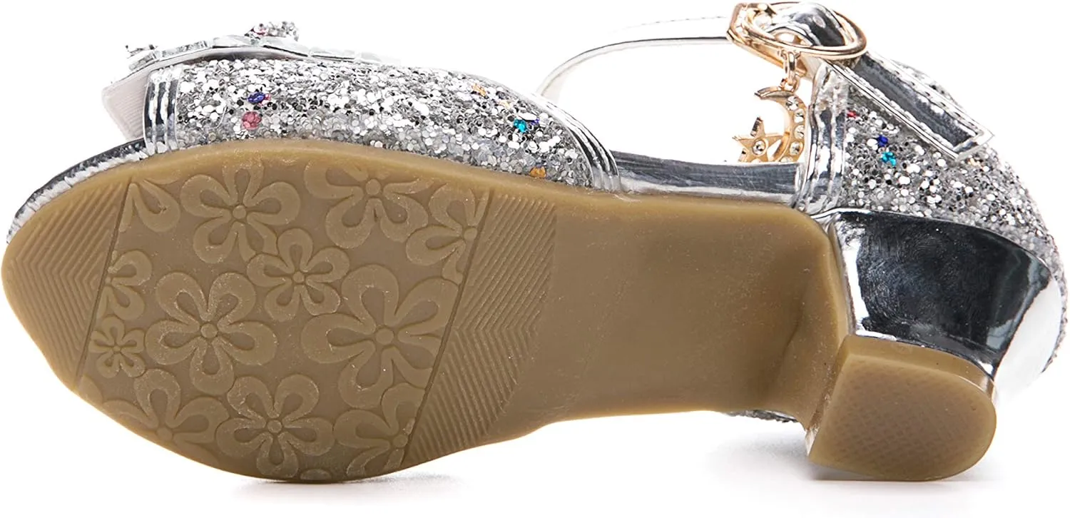 Kid Girls Glitter Wedding Sandals Sequin Party Bridesmaids Princess Crystal High Heels Shoes