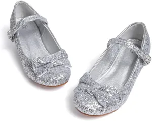 KIDSUN Toddler Little Girls Dress Shoes Heel Mary Jane Bow Flower Wedding Party Shoes Glitter Princess Shoes Flats (Toddler/Little Kid)