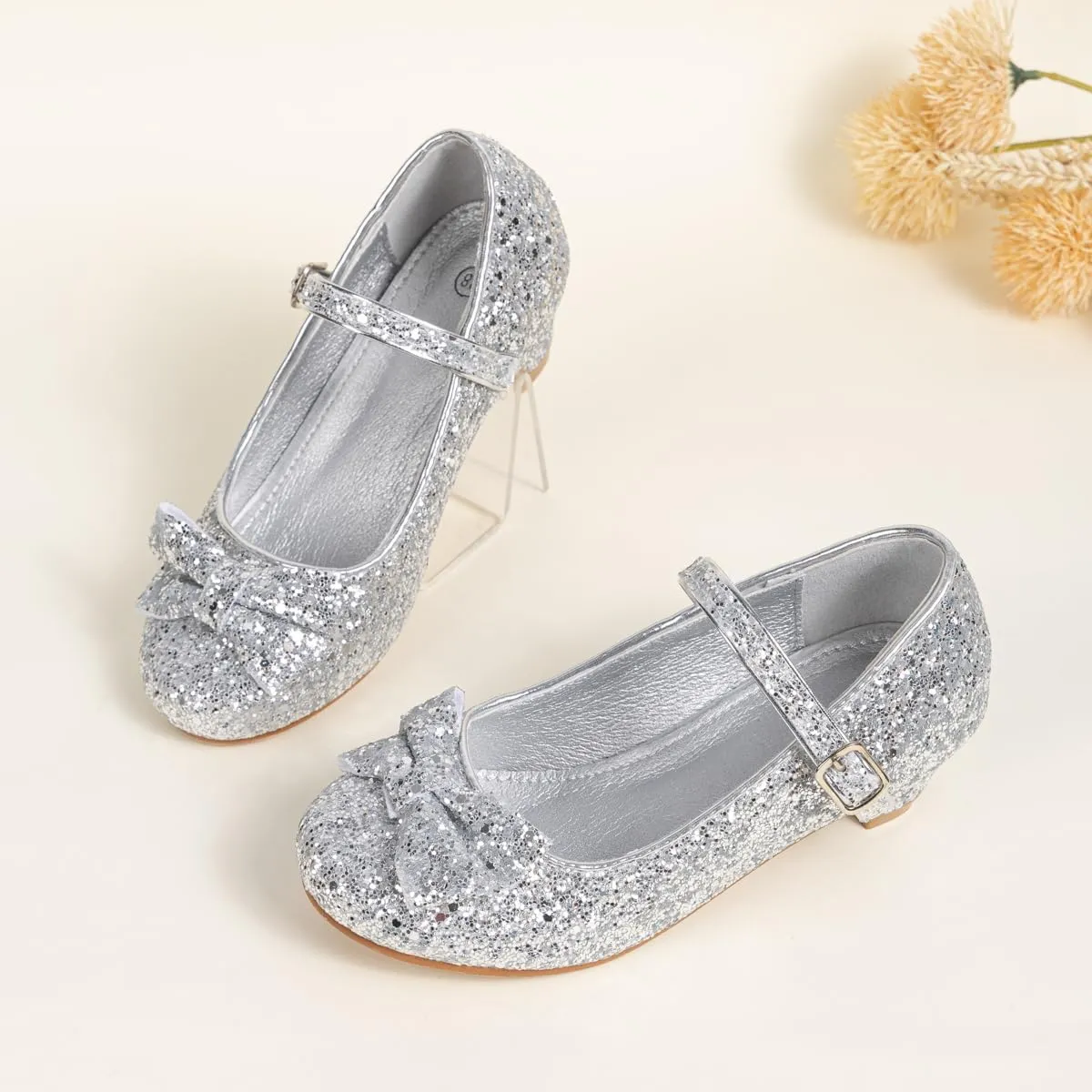 KIDSUN Toddler Little Girls Dress Shoes Heel Mary Jane Bow Flower Wedding Party Shoes Glitter Princess Shoes Flats (Toddler/Little Kid)