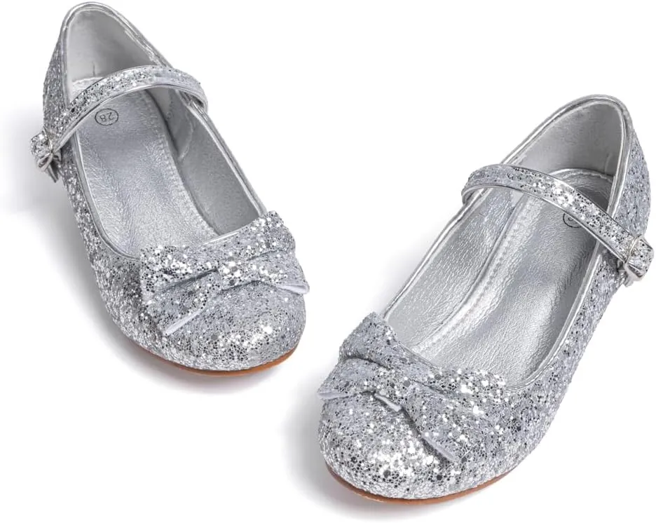 KIDSUN Toddler Little Girls Dress Shoes Heel Mary Jane Bow Flower Wedding Party Shoes Glitter Princess Shoes Flats (Toddler/Little Kid)