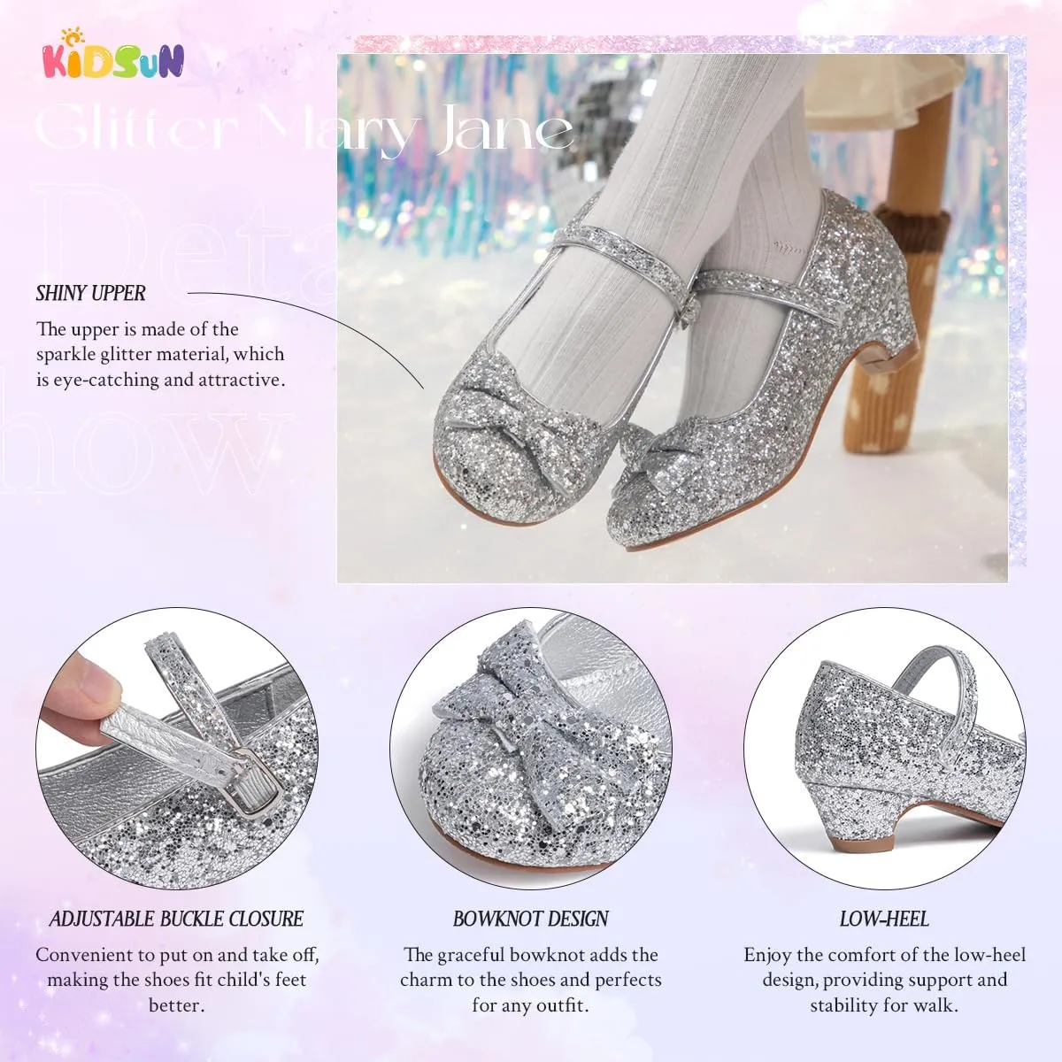 KIDSUN Toddler Little Girls Dress Shoes Heel Mary Jane Bow Flower Wedding Party Shoes Glitter Princess Shoes Flats (Toddler/Little Kid)