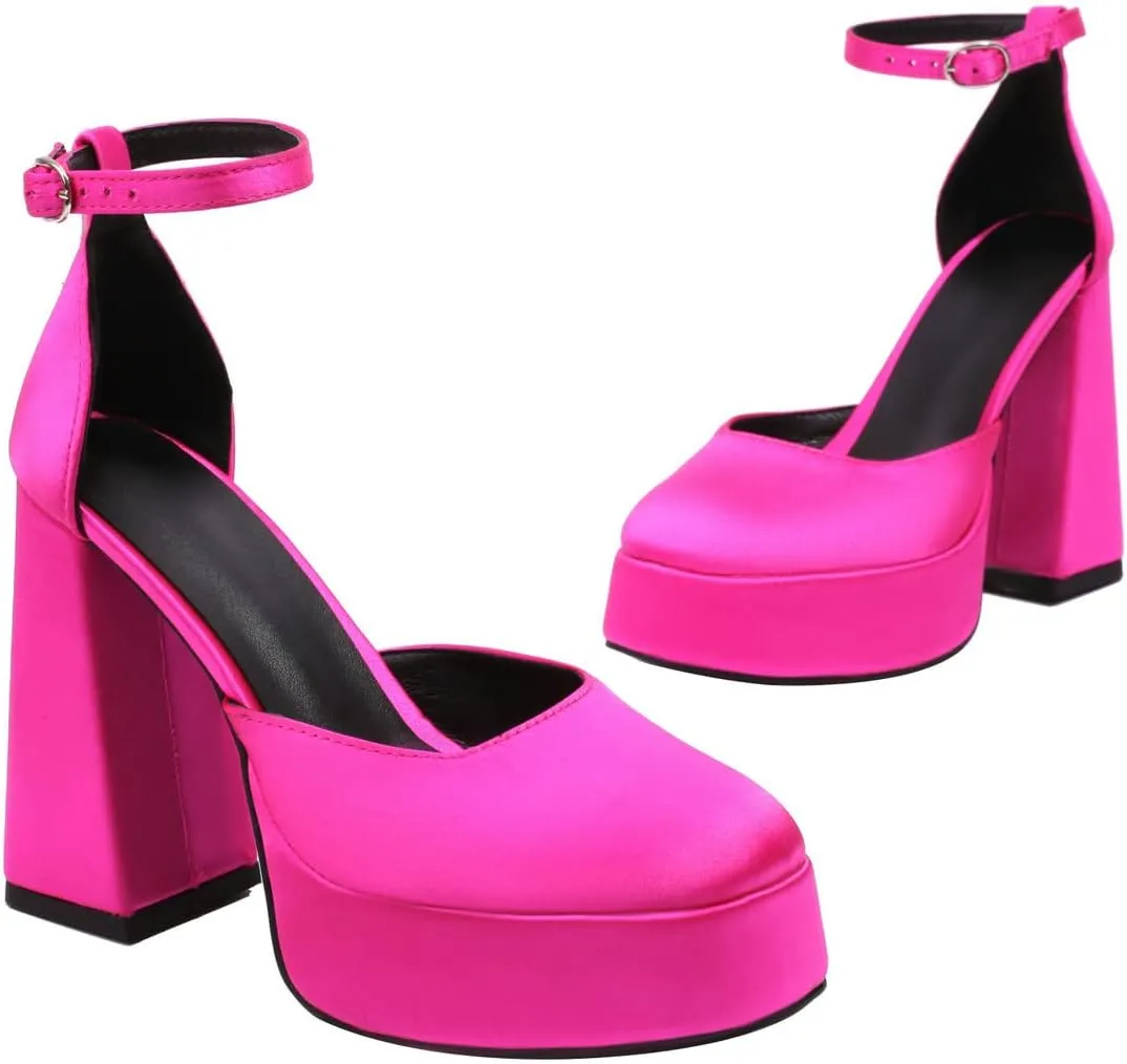 KISSASA Satin Chunky High Heel Platform Pumps Ankle Strap Square Toe Heels Wedding Party Shoes
