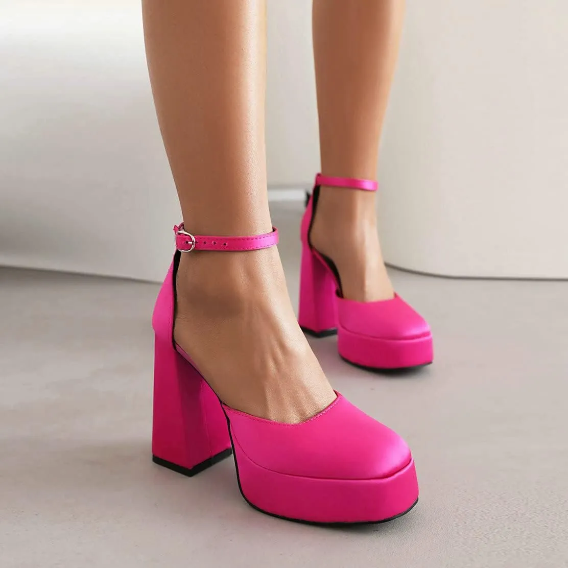 KISSASA Satin Chunky High Heel Platform Pumps Ankle Strap Square Toe Heels Wedding Party Shoes