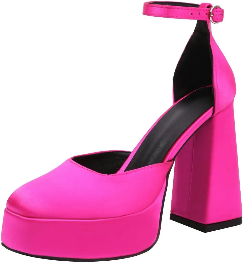 KISSASA Satin Chunky High Heel Platform Pumps Ankle Strap Square Toe Heels Wedding Party Shoes