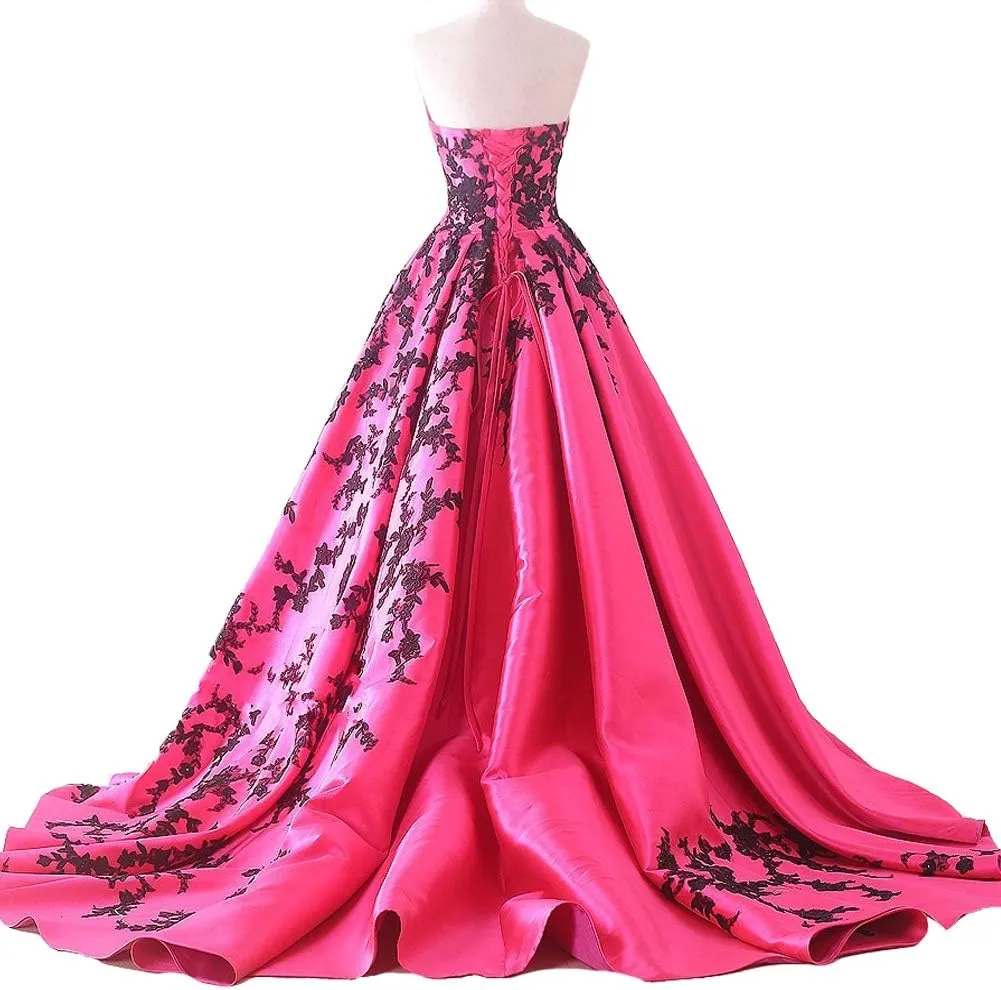 Kivary Gothic Black Satin Lace V Neck A Line Long Prom Corset Wedding Dresses