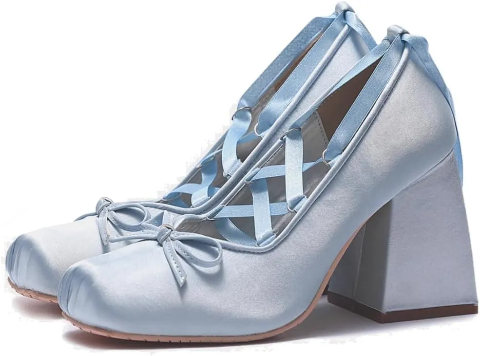 KOKOMOMO Womens Cute Goth Lolita Cosplay Shoes Bow Mary Jane Platform Satin Heels Lace Up Chunky Heel Pumps