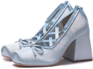 KOKOMOMO Womens Cute Goth Lolita Cosplay Shoes Bow Mary Jane Platform Satin Heels Lace Up Chunky Heel Pumps