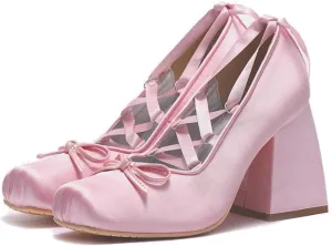 KOKOMOMO Womens Cute Goth Lolita Cosplay Shoes Bow Mary Jane Platform Satin Heels Lace Up Chunky Heel Pumps