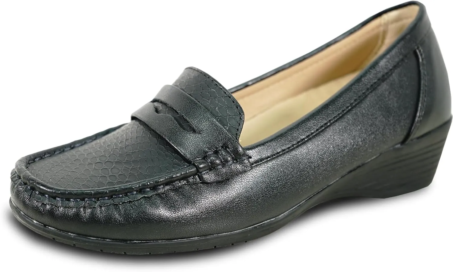 KOZI Women Comfort Casual Wedge Shoe Slip-On Loafer ML Collection Round Toe Penny Loafer Removable Insole Black Champagne