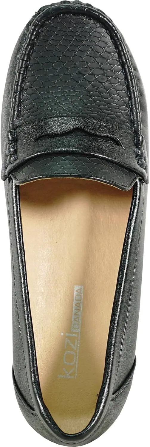KOZI Women Comfort Casual Wedge Shoe Slip-On Loafer ML Collection Round Toe Penny Loafer Removable Insole Black Champagne