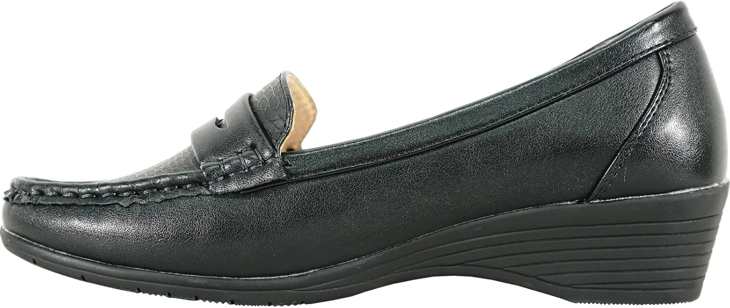 KOZI Women Comfort Casual Wedge Shoe Slip-On Loafer ML Collection Round Toe Penny Loafer Removable Insole Black Champagne