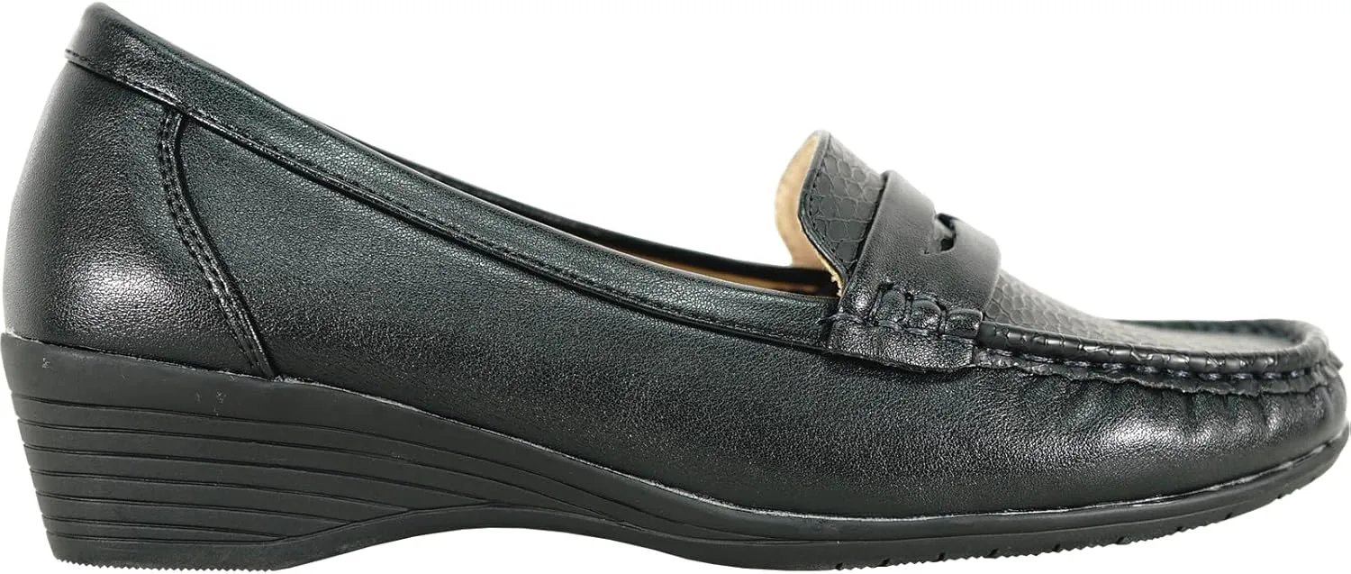 KOZI Women Comfort Casual Wedge Shoe Slip-On Loafer ML Collection Round Toe Penny Loafer Removable Insole Black Champagne