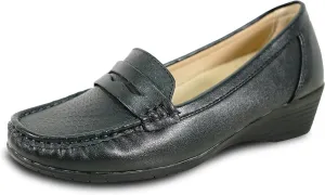 KOZI Women Comfort Casual Wedge Shoe Slip-On Loafer ML Collection Round Toe Penny Loafer Removable Insole Black Champagne