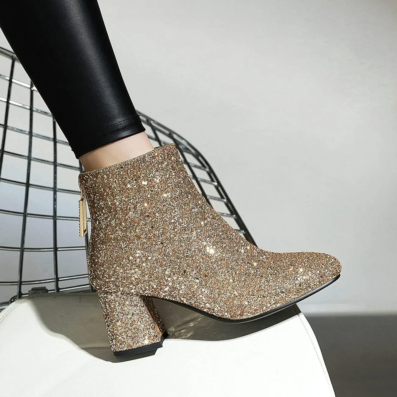 KysBloes Womens Sparkly Ankle Boots Chunky Heel Glitter Booties Closed Toe Block Heel Dress Winter Shoes