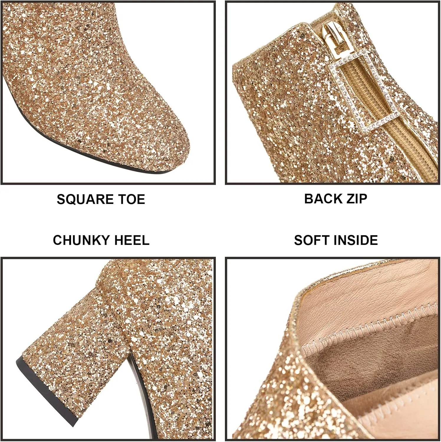 KysBloes Womens Sparkly Ankle Boots Chunky Heel Glitter Booties Closed Toe Block Heel Dress Winter Shoes