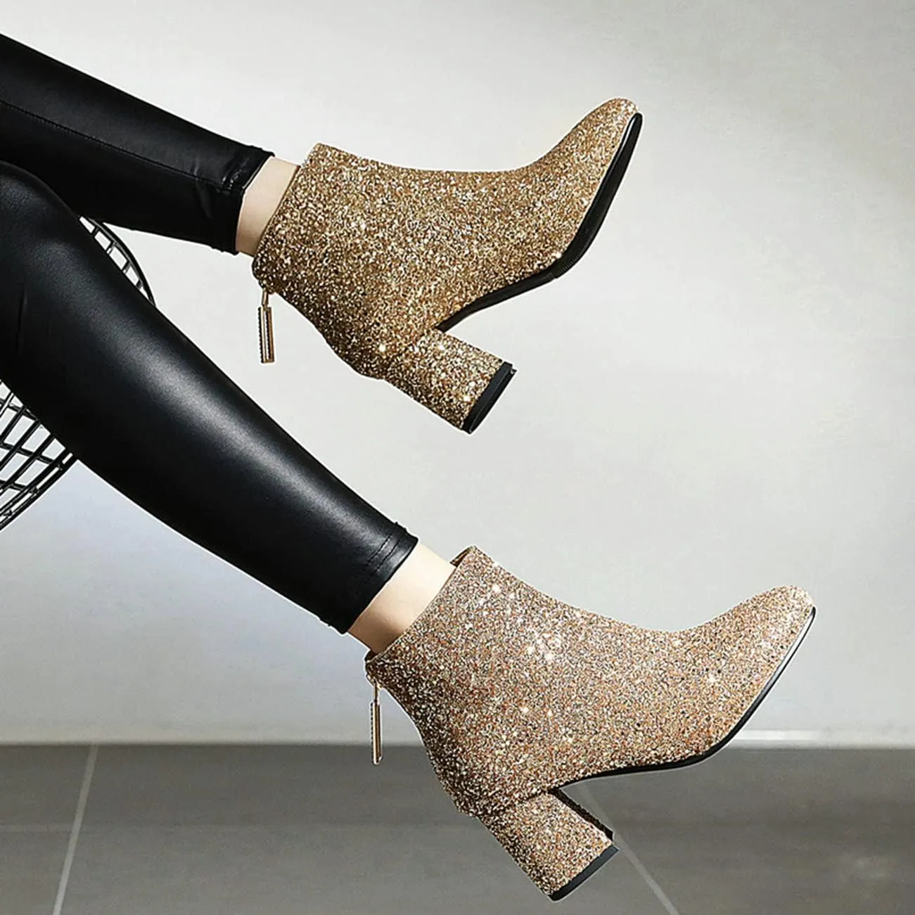 KysBloes Womens Sparkly Ankle Boots Chunky Heel Glitter Booties Closed Toe Block Heel Dress Winter Shoes