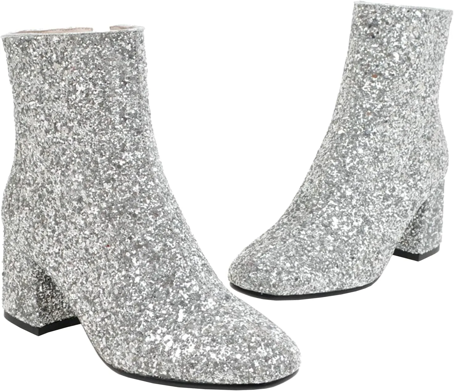 KysBloes Womens Sparkly Ankle Boots Chunky Heel Glitter Booties Closed Toe Block Heel Dress Winter Shoes
