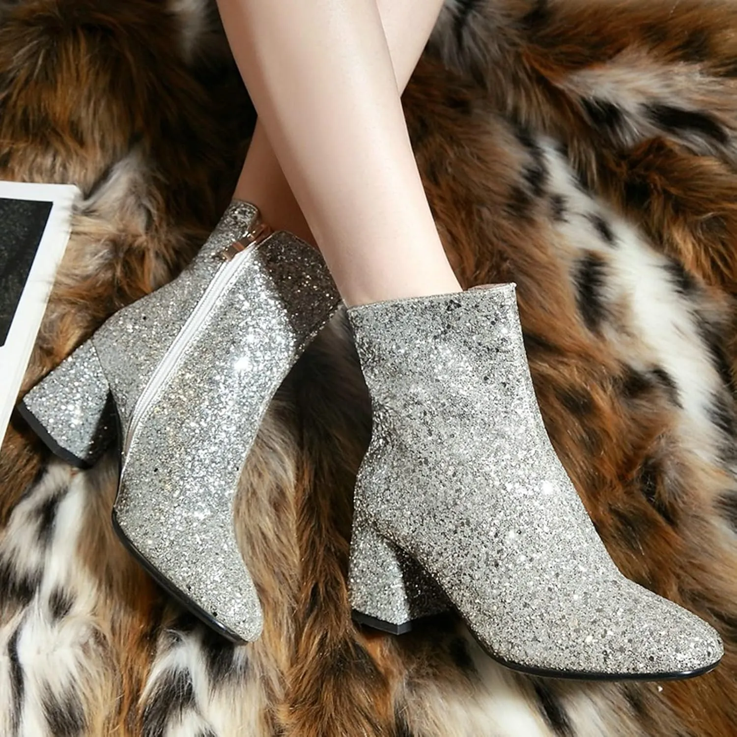 KysBloes Womens Sparkly Ankle Boots Chunky Heel Glitter Booties Closed Toe Block Heel Dress Winter Shoes