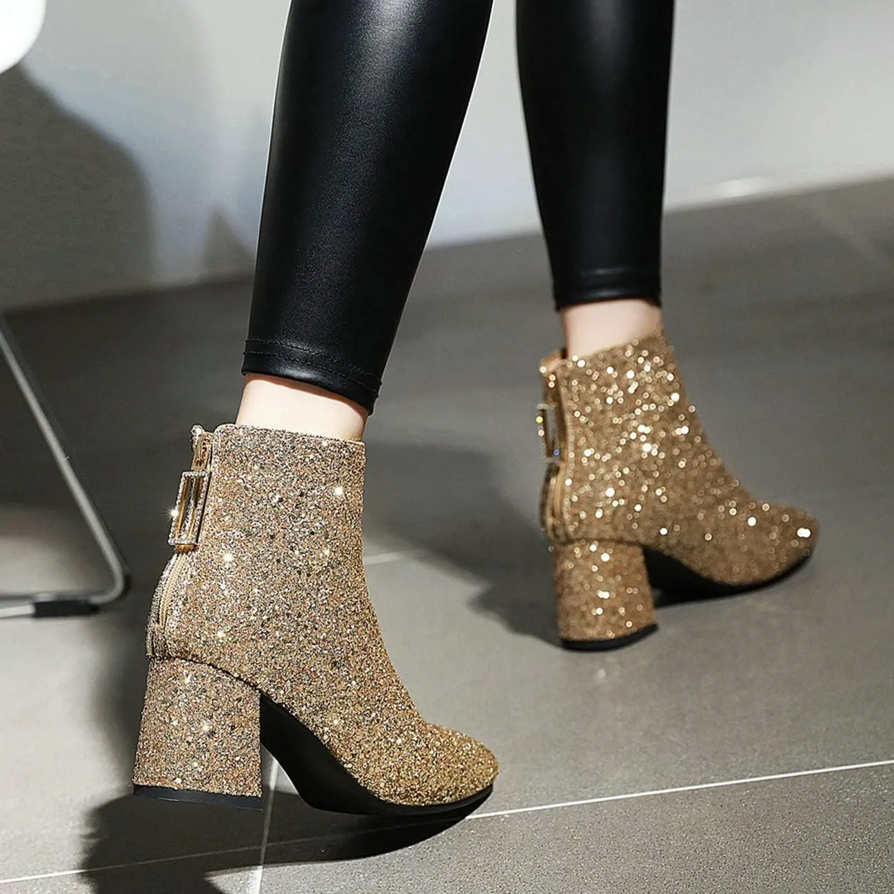 KysBloes Womens Sparkly Ankle Boots Chunky Heel Glitter Booties Closed Toe Block Heel Dress Winter Shoes