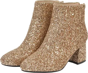 KysBloes Womens Sparkly Ankle Boots Chunky Heel Glitter Booties Closed Toe Block Heel Dress Winter Shoes