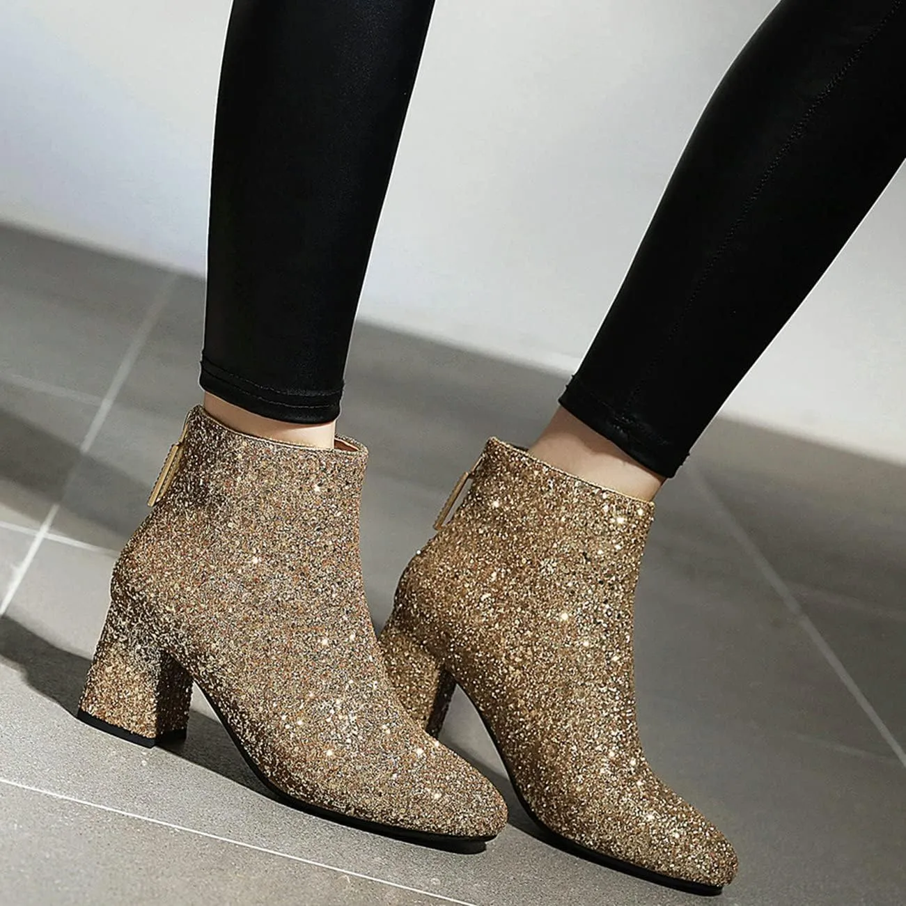 KysBloes Womens Sparkly Ankle Boots Chunky Heel Glitter Booties Closed Toe Block Heel Dress Winter Shoes