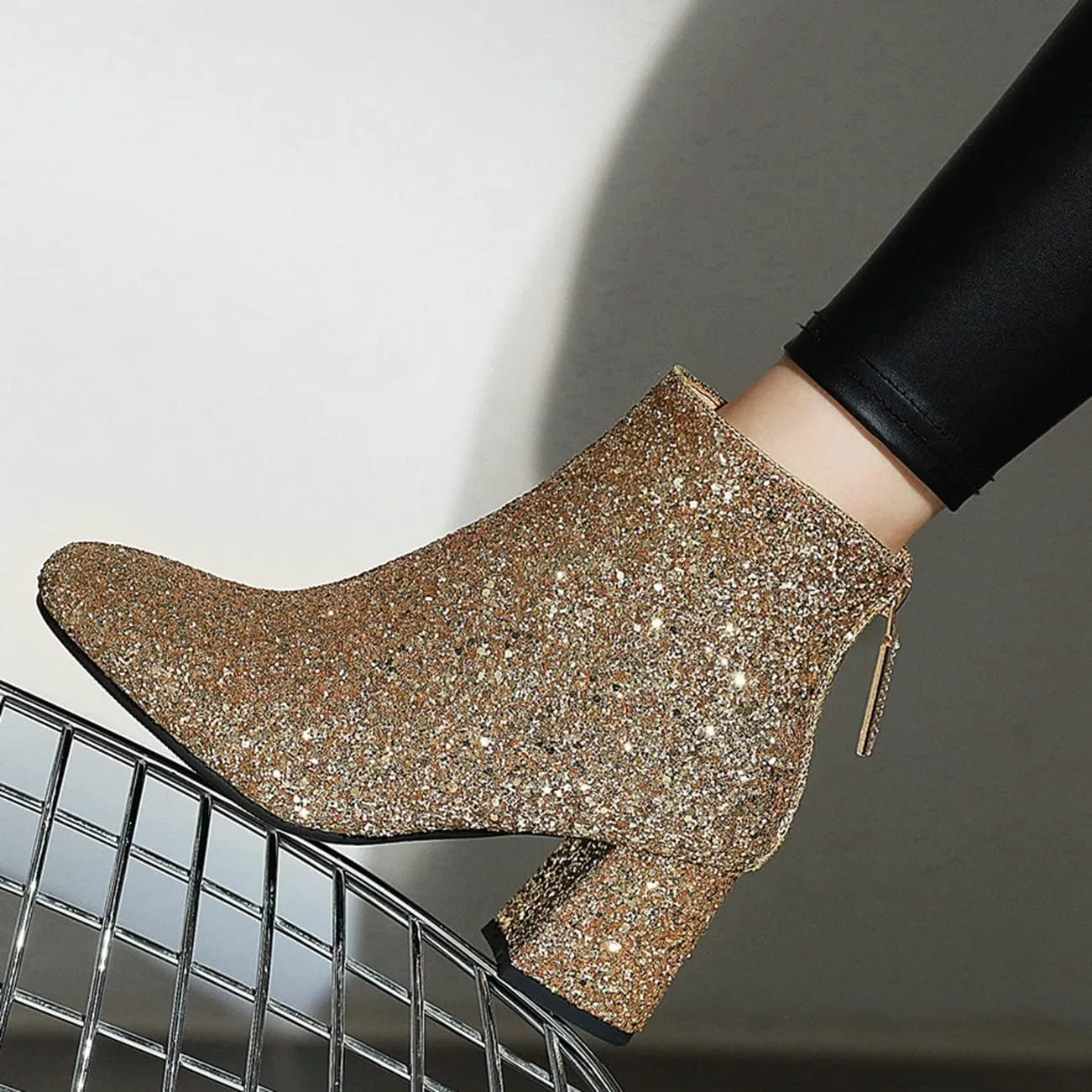 KysBloes Womens Sparkly Ankle Boots Chunky Heel Glitter Booties Closed Toe Block Heel Dress Winter Shoes