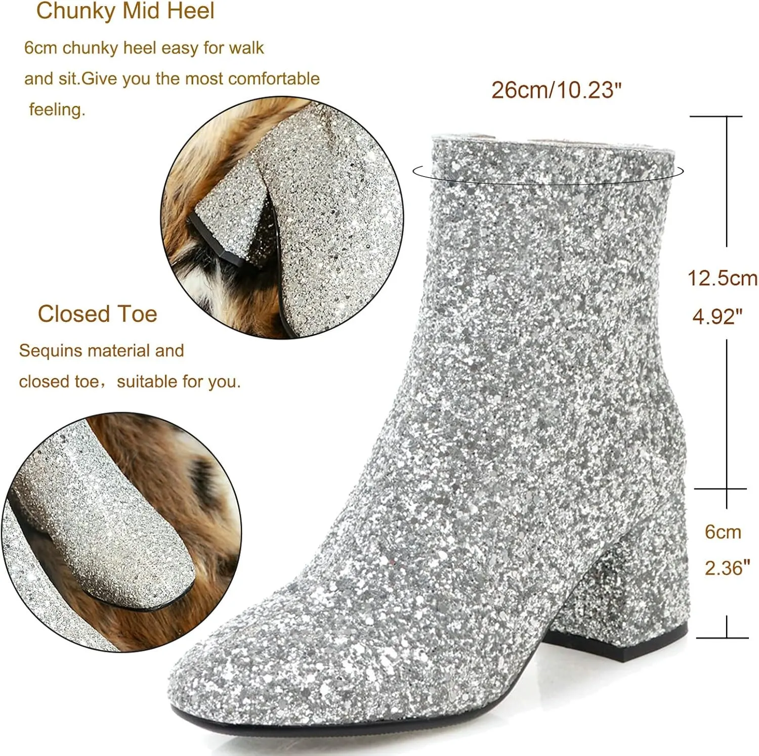 KysBloes Womens Sparkly Ankle Boots Chunky Heel Glitter Booties Closed Toe Block Heel Dress Winter Shoes
