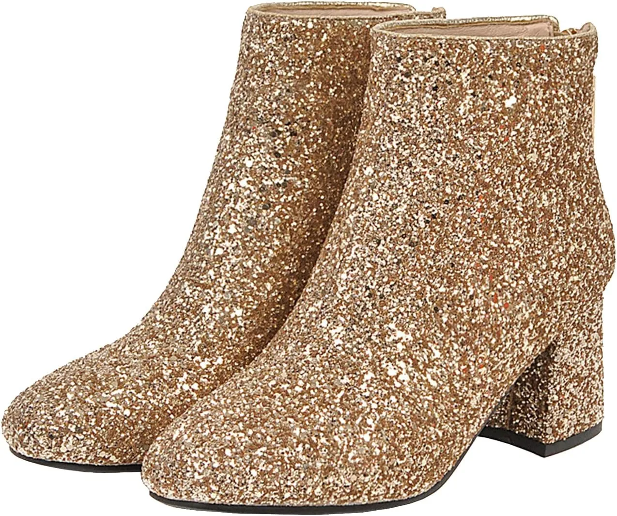 KysBloes Womens Sparkly Ankle Boots Chunky Heel Glitter Booties Closed Toe Block Heel Dress Winter Shoes