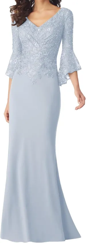 Lace Applique Mermaid Mother of The Bride Dresses with Sleeves Chiffon Formal Dress Empire Waist Evening Dresses for Women