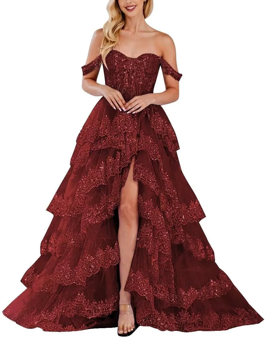 Lace Appliques Prom Dresses for Women Sparkly Tiered Tulle Off The Shoulder Formal Evening Gowns with Slit