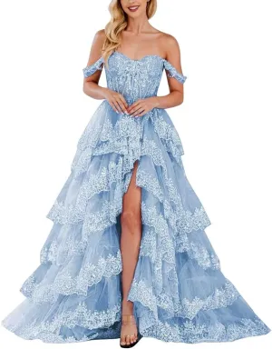 Lace Appliques Prom Dresses for Women Sparkly Tiered Tulle Off The Shoulder Formal Evening Gowns with Slit