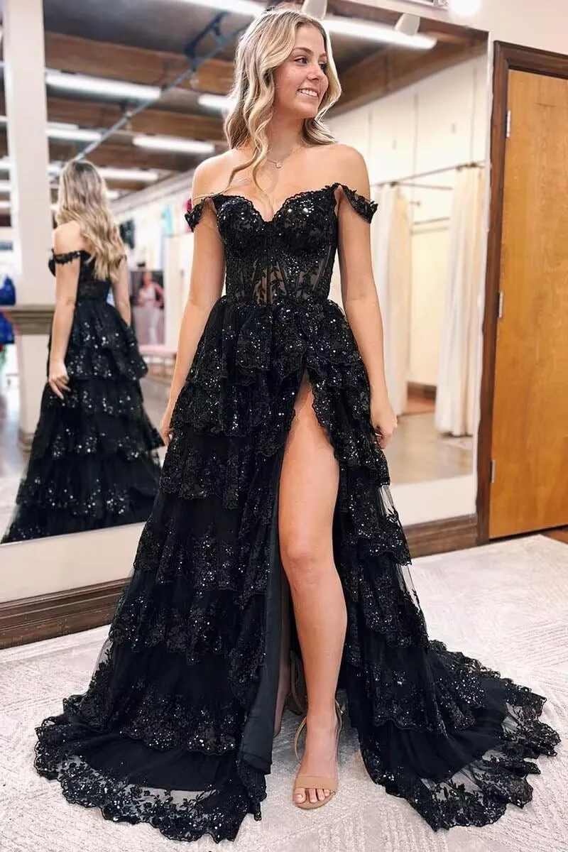 Lace Appliques Prom Dresses for Women Sparkly Tiered Tulle Off The Shoulder Formal Evening Gowns with Slit