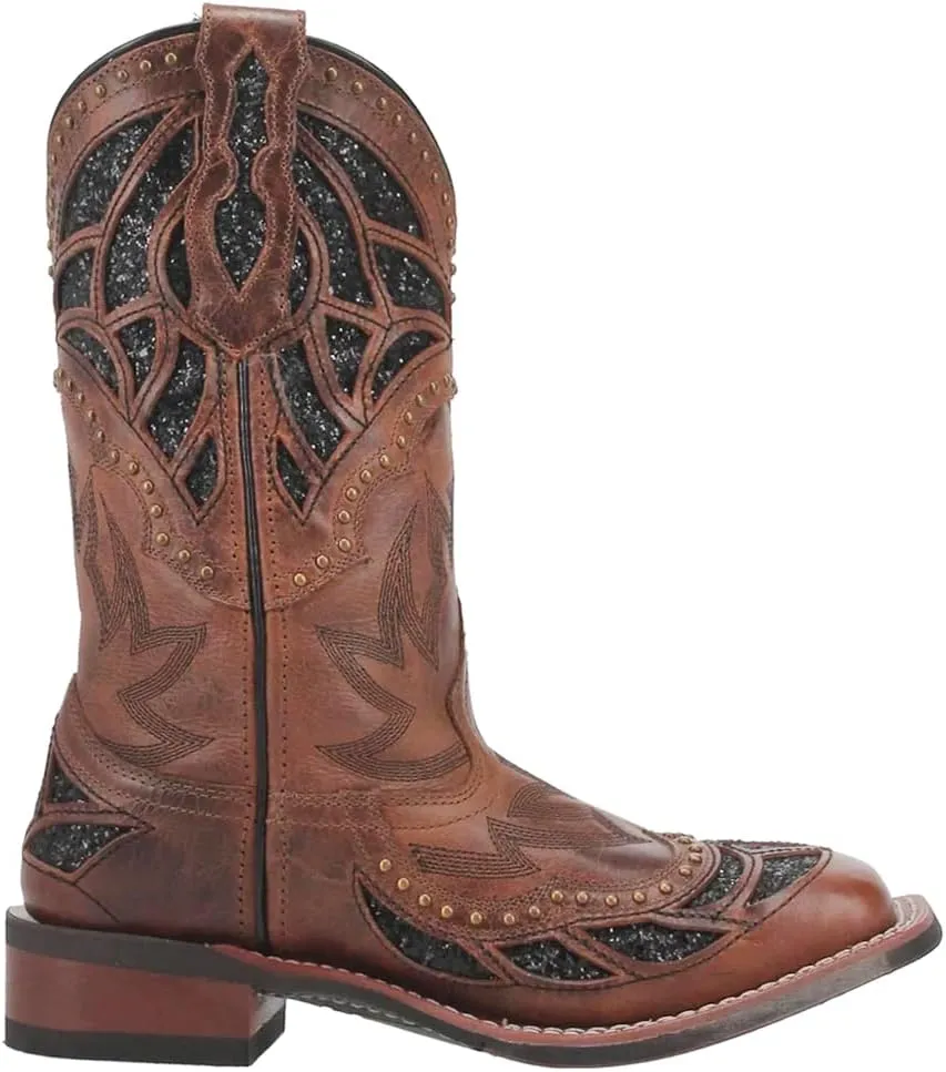 Laredo Womens Eternity Glitter Tooled-Inlay Square Toe Casual Boots Mid Calf Low Heel 1-2" - Brown