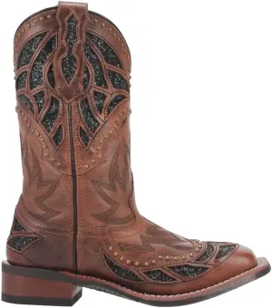 Laredo Womens Eternity Glitter Tooled-Inlay Square Toe Casual Boots Mid Calf Low Heel 1-2" - Brown