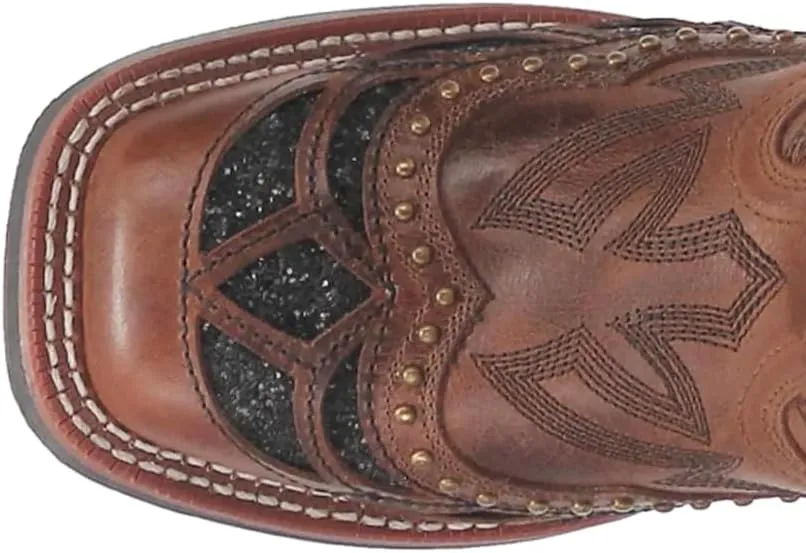 Laredo Womens Eternity Glitter Tooled-Inlay Square Toe Casual Boots Mid Calf Low Heel 1-2" - Brown