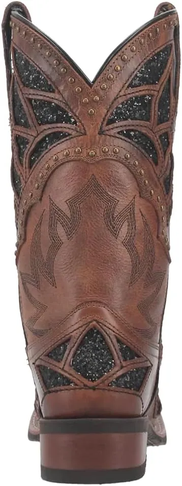Laredo Womens Eternity Glitter Tooled-Inlay Square Toe Casual Boots Mid Calf Low Heel 1-2" - Brown