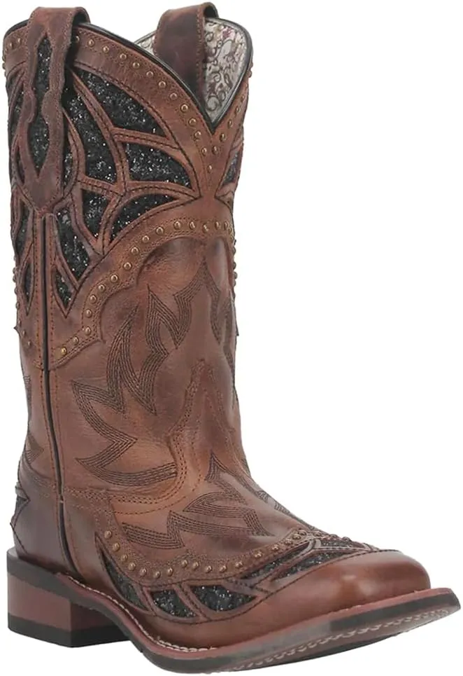 Laredo Womens Eternity Glitter Tooled-Inlay Square Toe Casual Boots Mid Calf Low Heel 1-2" - Brown