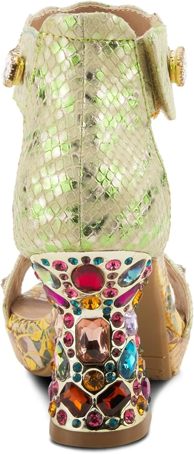 L'Artiste Jewell Women's Leather Sandals with Crystals, Strap, and Jewel Heel